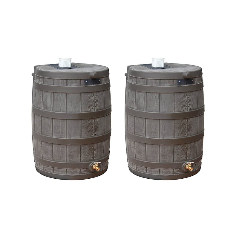 Good Ideas Rain Wizard 50 Gallon Rain Barrel Water Collector, Oak (2 Pack) - 19