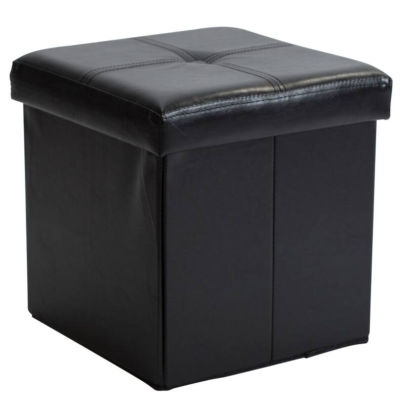 Simplify Black Leather Folding Storage Ottoman Cube - 15" x 15" x 15"