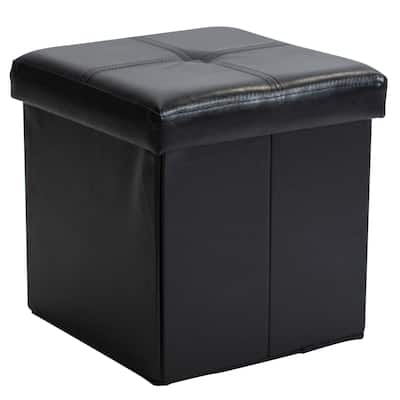 Simplify Black Leather Folding Storage Ottoman Cube - 15" x 15" x 15"