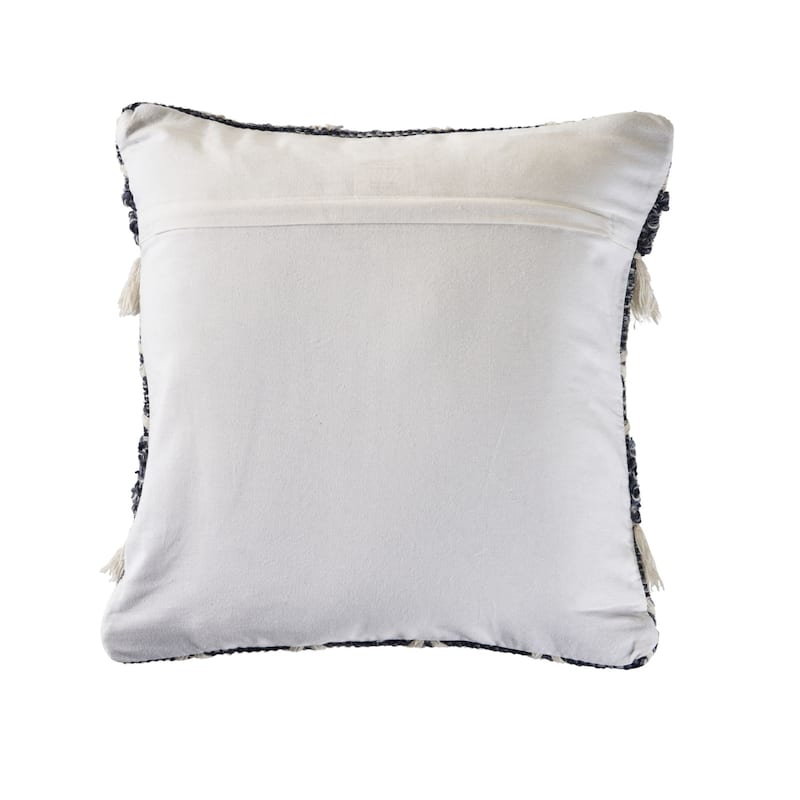 20" Navy Blue and Off White Textured with Fringe Square Throw Pillow