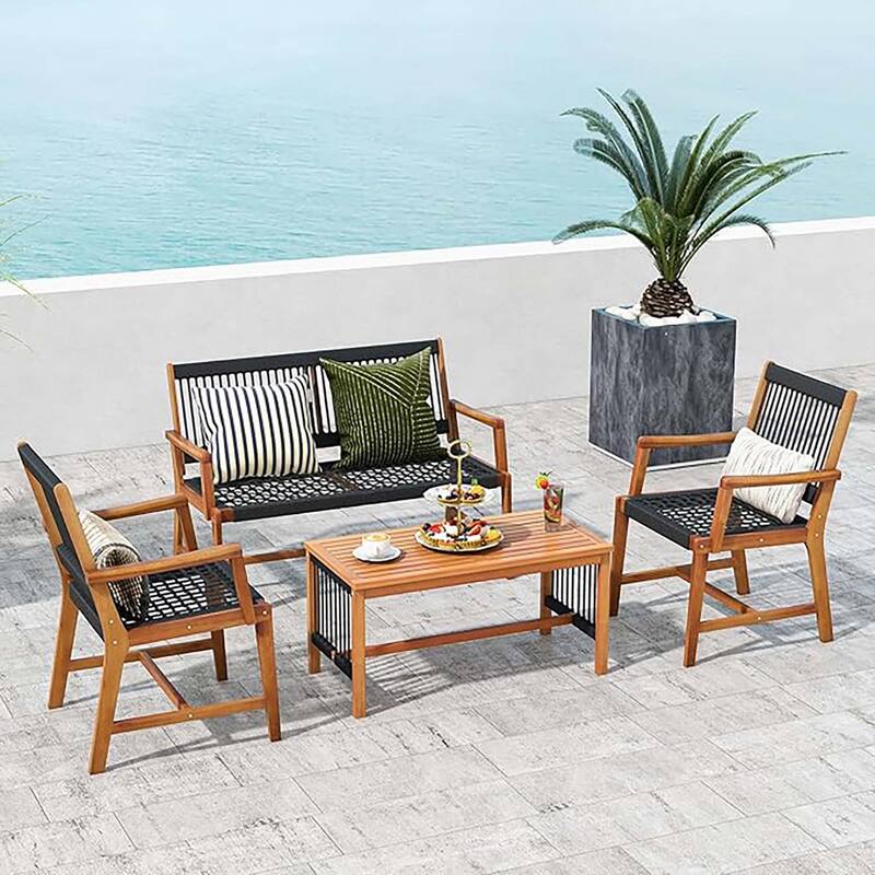 4PCS Outdoor Patio Acacia Wood Conversation Table & Chair Set