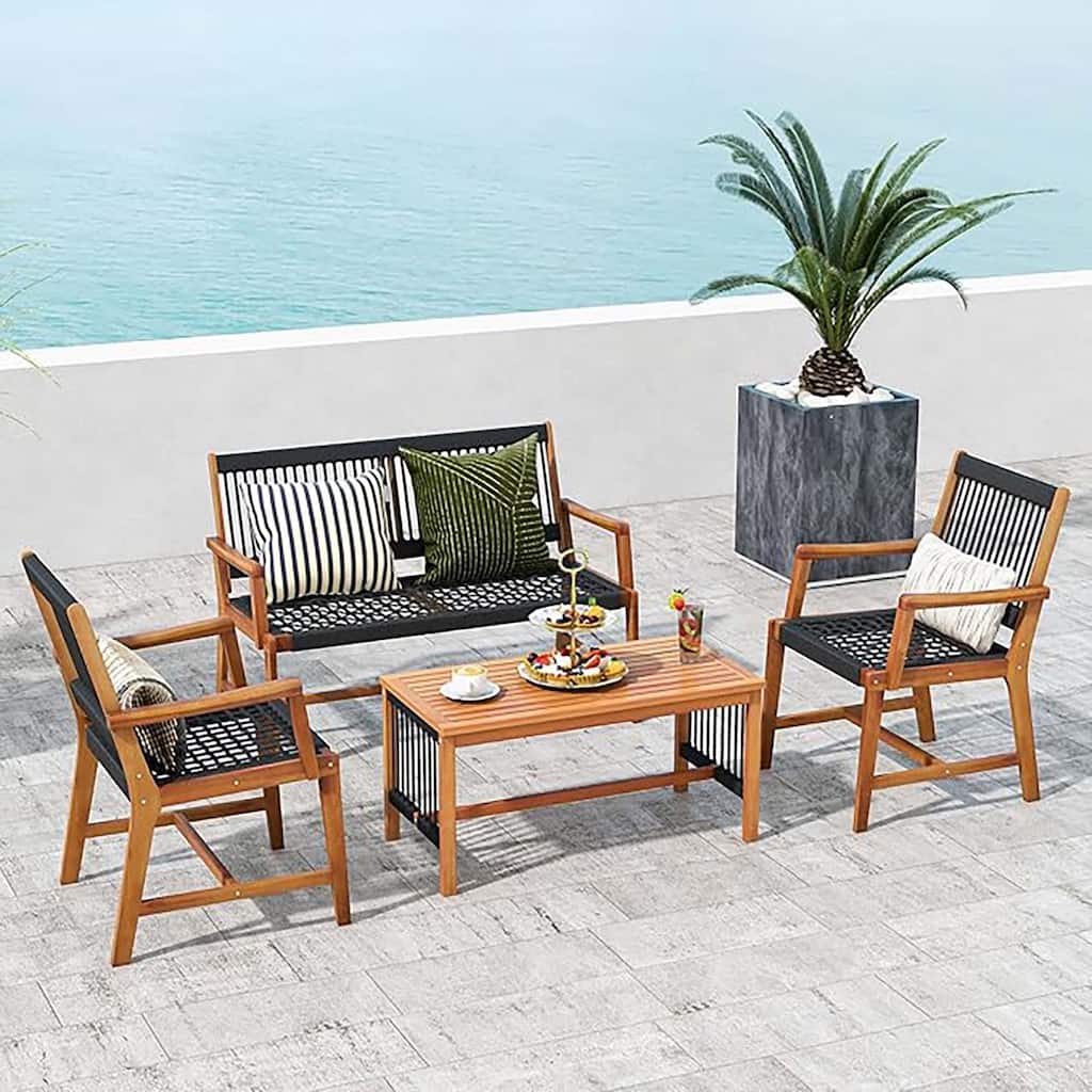 4PCS Outdoor Patio Acacia Wood Conversation Table & Chair Set