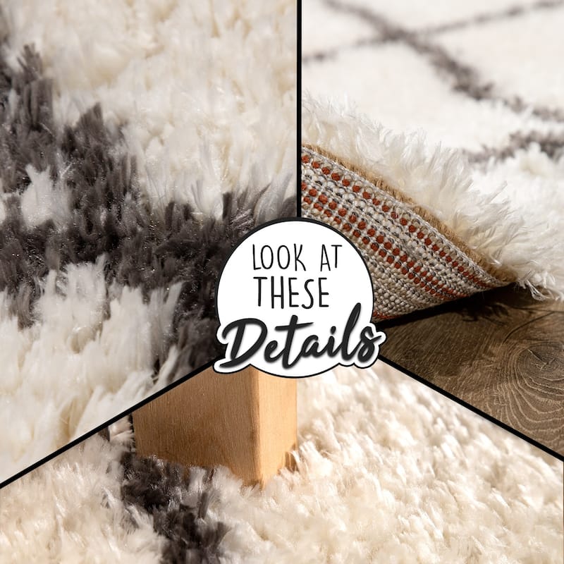 Modern Shag Rug with Scandinavian Pattern, Flokati Style in Cream Grey