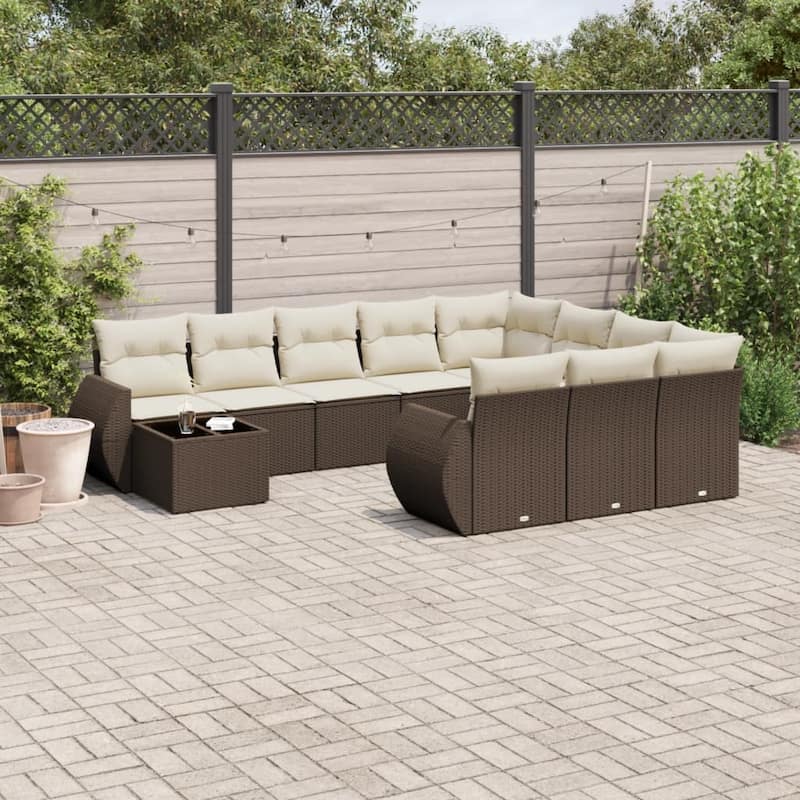 vidaXL Patio Sofa Set with Cushions Outdoor Furniture 11 Piece Poly Rattan - 21.7 x 21.7 x 14.6 - Brown and cream