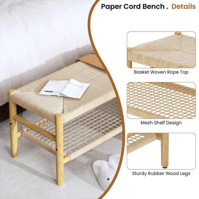 Solid Rubber Wood Entryway Shoe Bench with Hand Rope Design and Storage Shelf, Dining Bench, Boho Farmhouse Natural Shoe Rack