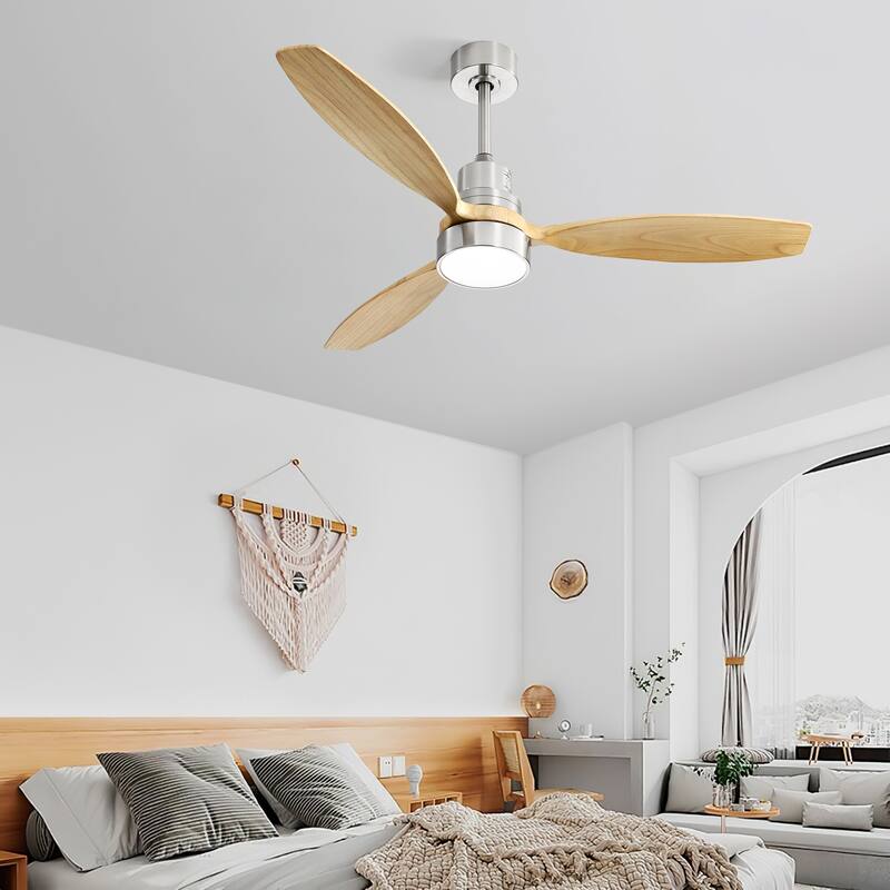 52 Inch Integrated LED Ceiling Fan with Light and Remote Control Solid Wood Blades for Living Room