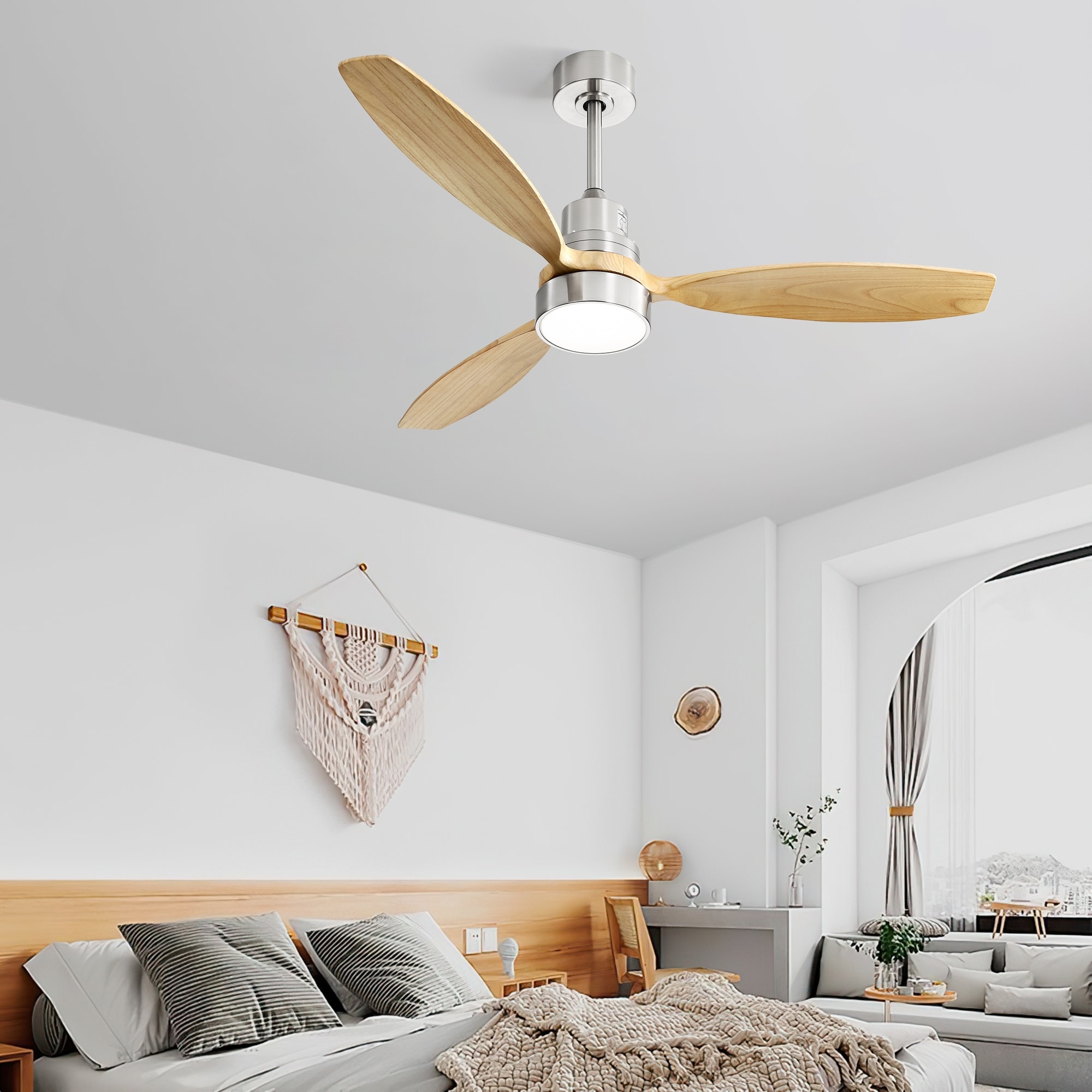 Wooden Ceiling Fan with Dimmable LED Light & Remote Control