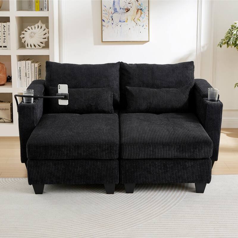 63" Convertible Corduroy Sofa Bed with USB Ports, Storage & Lumbar Pillows, Black