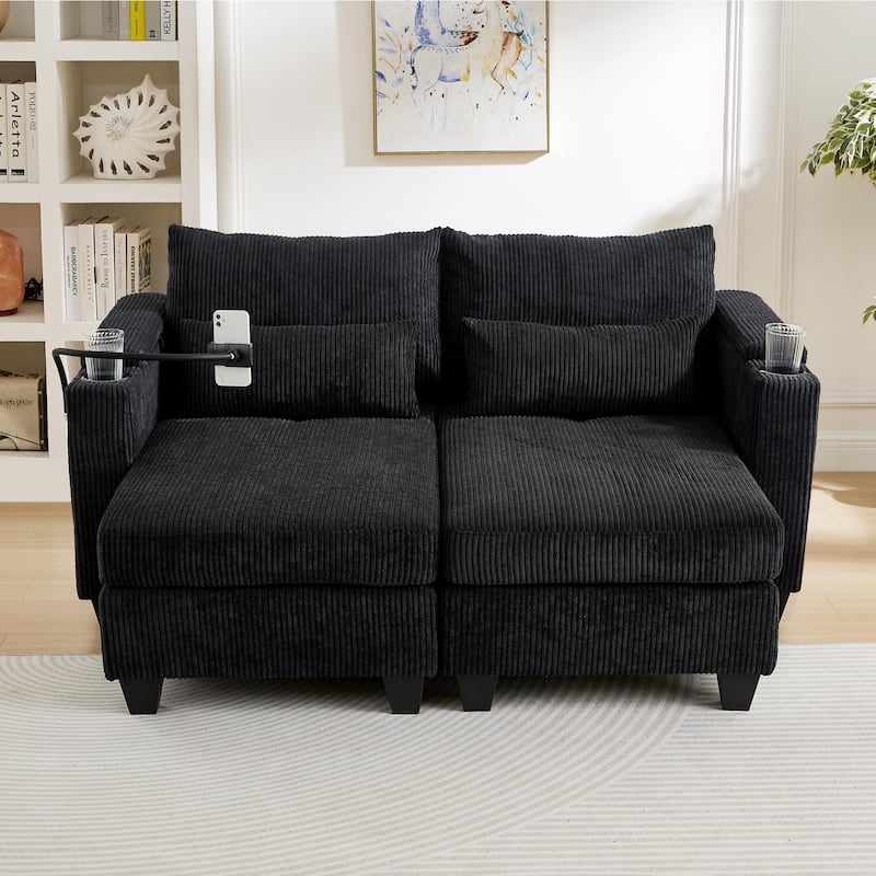 Roomfitters Convertible Corduroy Loveseat Sofa Bed with USB Ports, Cup Holders, Phone Slot and Storage for Living Room