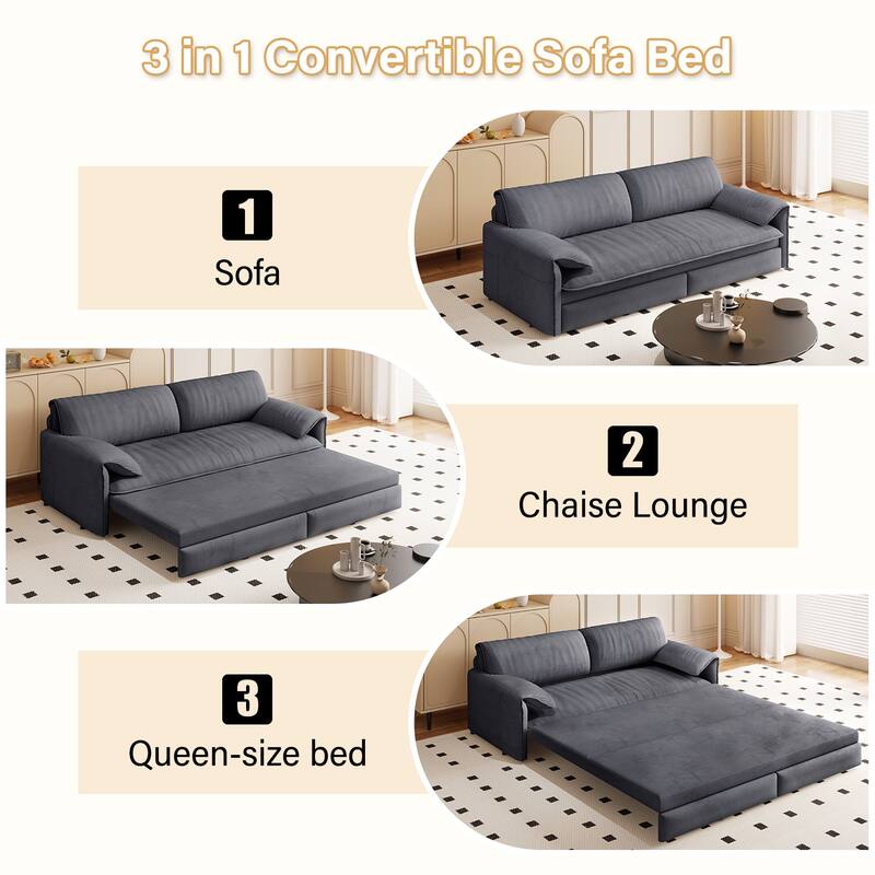 66" Pull Out Sofa Bed, 3-in-1 Convertible Queen Sleeper Sofa with Side Storage, Velvet Loveseat for Living Room Apartment