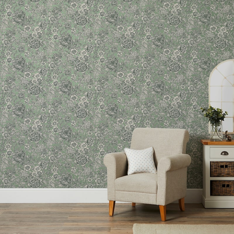 Fine Decor Hedgerow Green Floral Trails Wallpaper