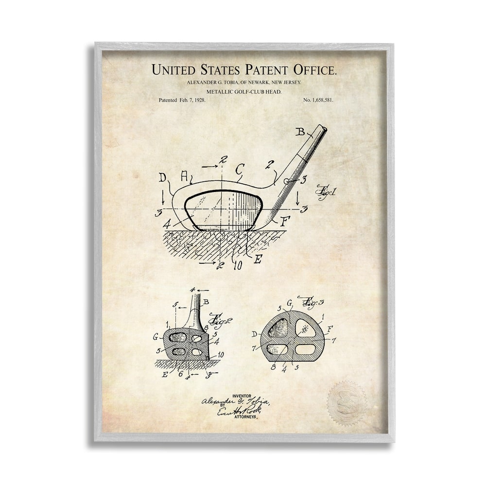 Stupell Golf Club Head Detailed Design Blueprint Patent Framed Wall Art - Beige