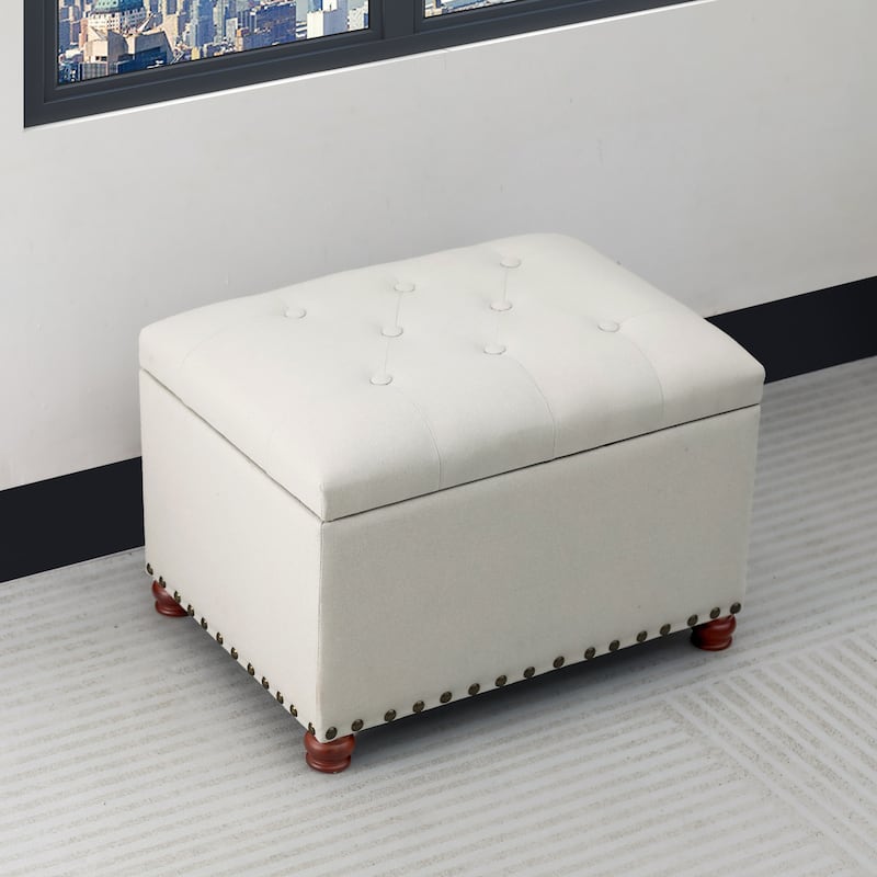 Adeco Norsup Grey Blended Linen Storage Ottoman Footstool