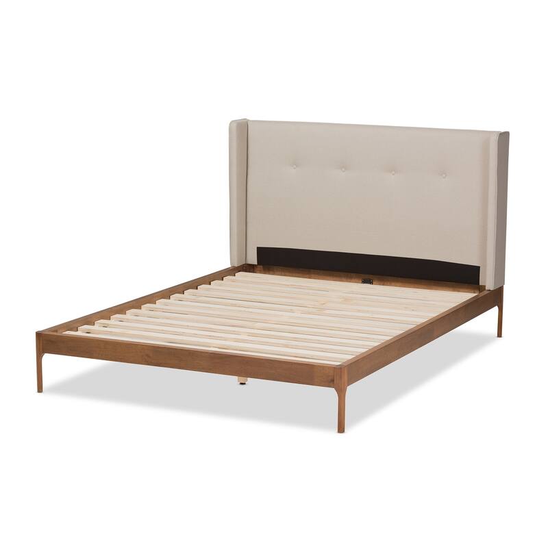 King Size Platform Bed Walnut Wood & Beige Fabric Headboard, Modern Bedroom Furniture