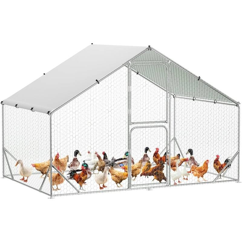 Large Metal Chicken Coop Run,Walk-in Poultry Cage with Waterproof Roof Cover - 9.8 x 6.5 x 6.5 FT