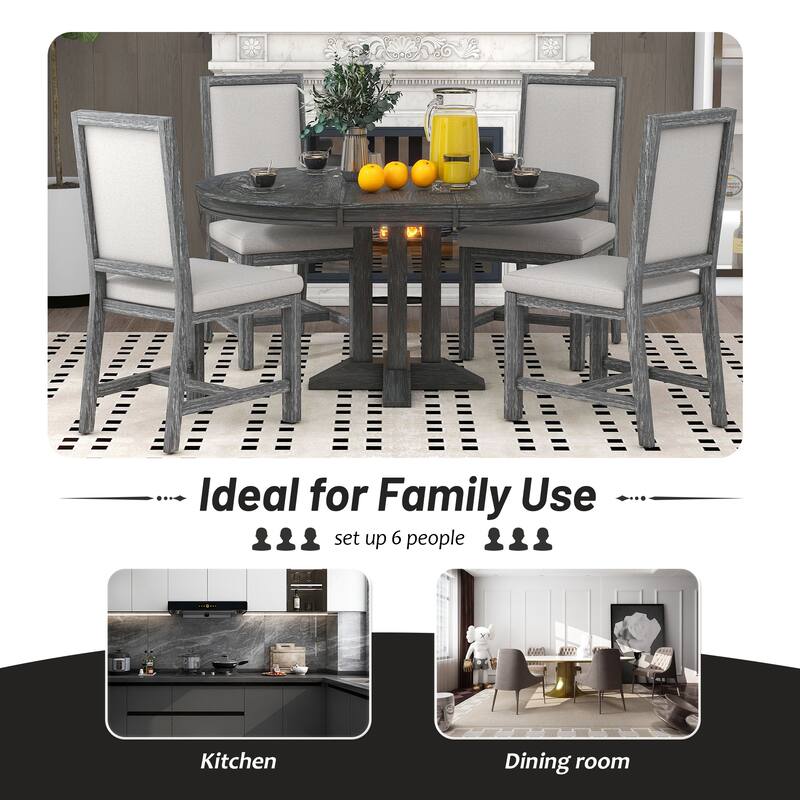 5-Piece Dining Set Extendable Round Table and 4 Upholstered Chairs
