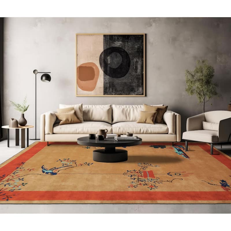 Beige Chinese Art Deco New Zealand Wool Hand Tufted Multi Size Oriental Area Rug LoomBloom