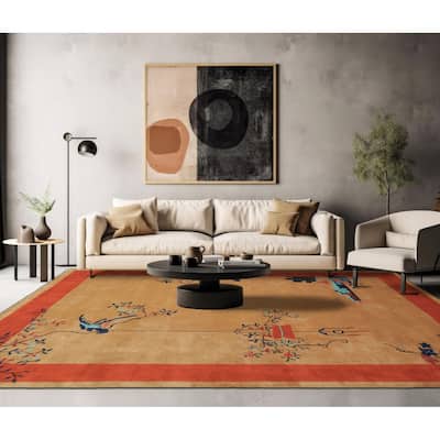 Beige Chinese Art Deco New Zealand Wool Hand Tufted Multi Size Oriental Area Rug LoomBloom