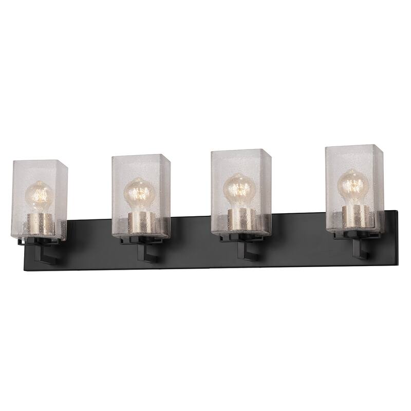 EVOLV Fusion Vice 4-Light Bath Bar with Seeded Glass Shade - Matte Black w/ Brass Socket Cover