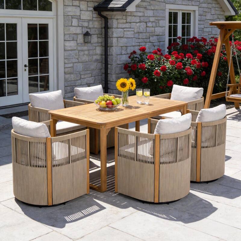 Christopher Knight Home - Ronan Outdoor Acacia Wood Dining Set with Swivel Rope Armchairs & Curved Leg Dining Table, Teak Finish