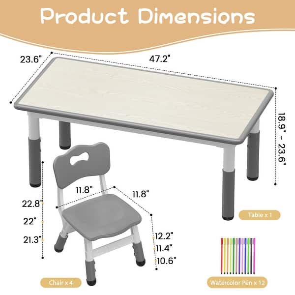 dimension image slide 1 of 4, Kids Table and 4 Chair Set Height Adjustable Toddler Table Set