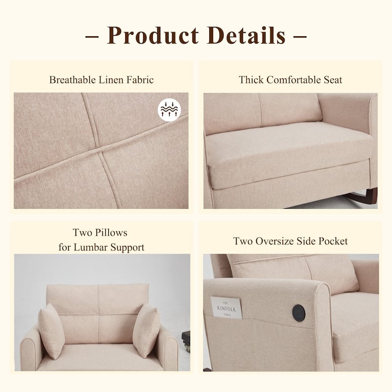 Oversized Upholstered Rocking Chair with High Back, Side Pocket, and Rubberwood Legs for Living Room, Bedroom, or Nursery