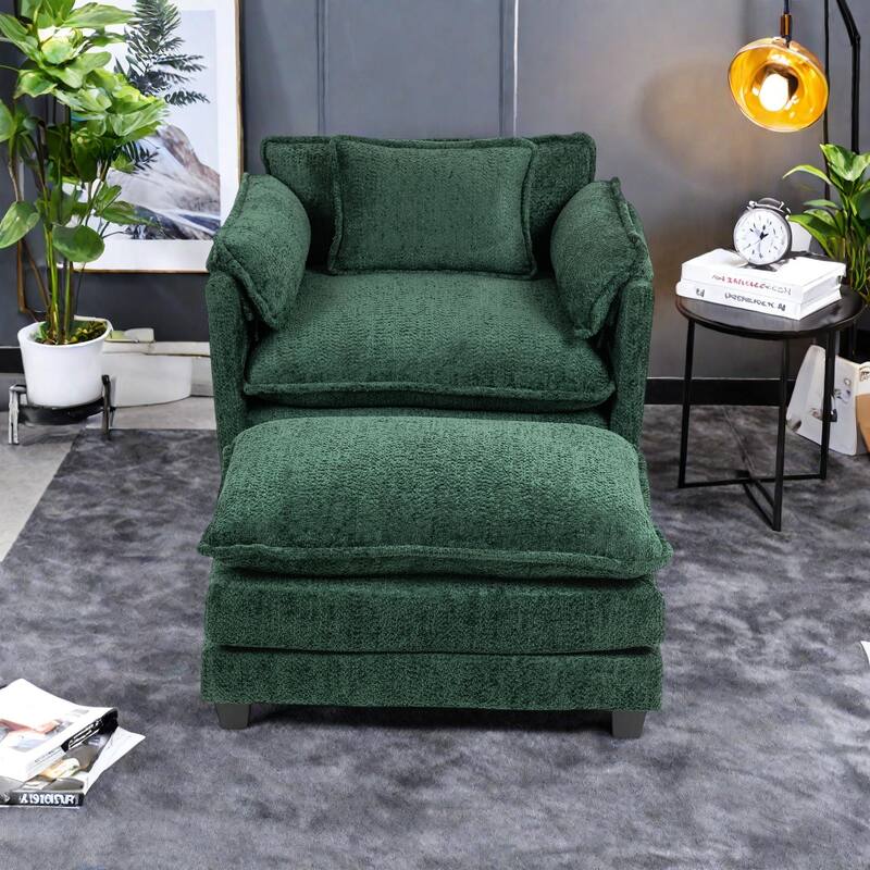 Boucle Oversized Sofa with Ottoman, Double Deep Cushion, Thick Armrests, and High-Resilience Sponge - Dark Green