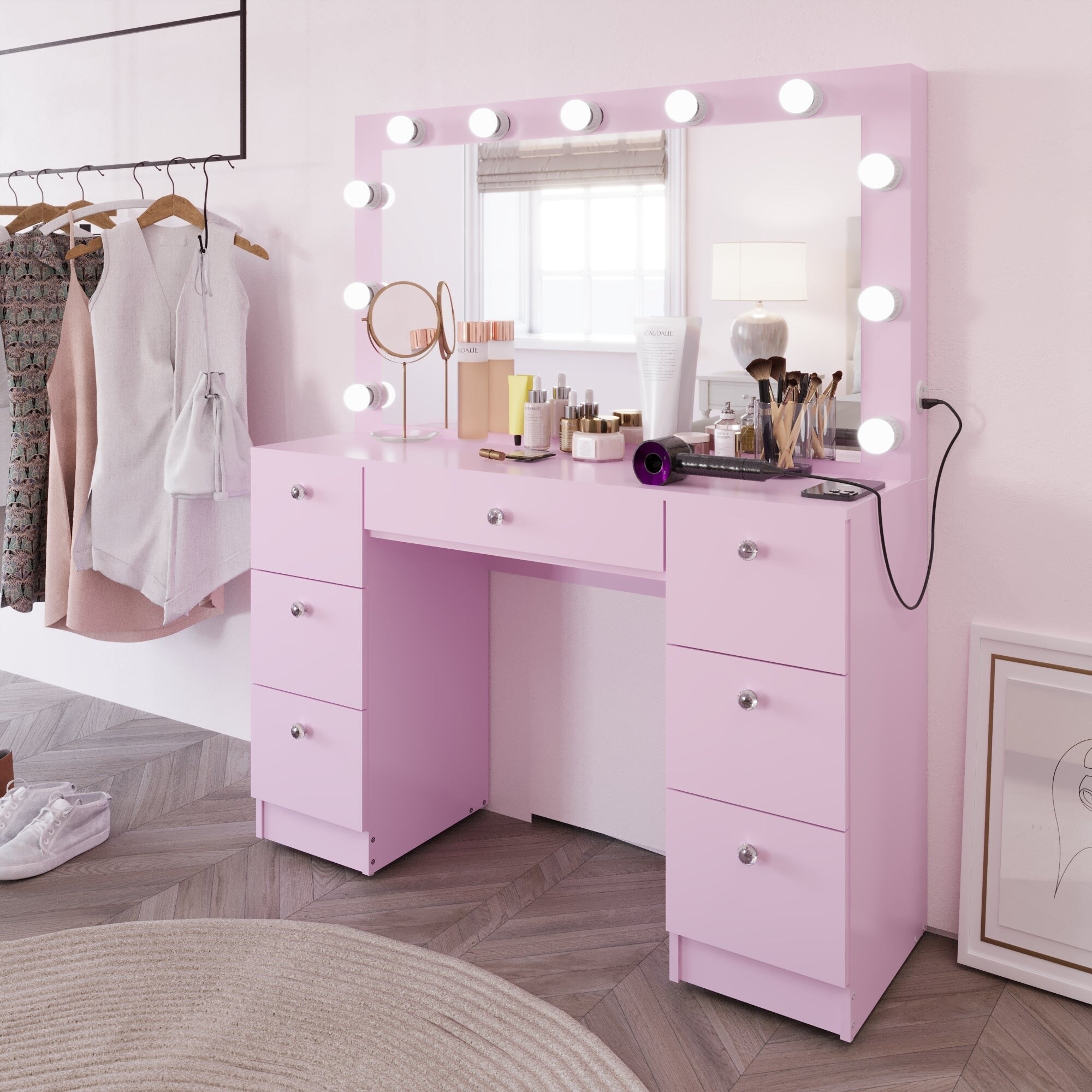 Boahaus Makeup Vanity 7 Drawers Lighted Crystal Knobs USB Port