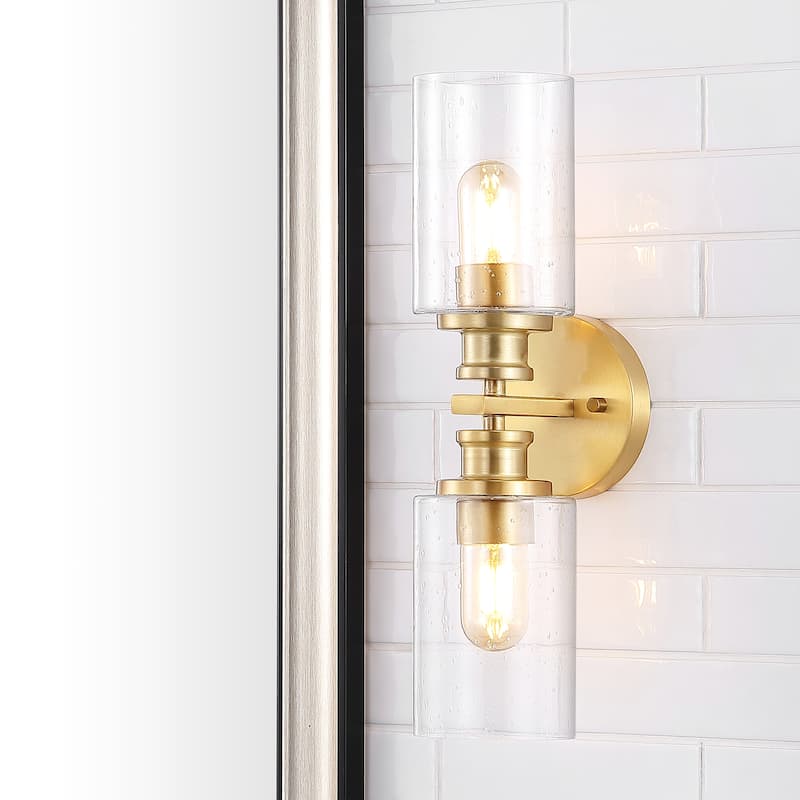 Jules Edison 16.5" Cylinder 2-Light Iron/Seeded Glass Farmhouse Contemporary LED Wall Sconce, Black by JONATHAN Y - One - Brass Gold