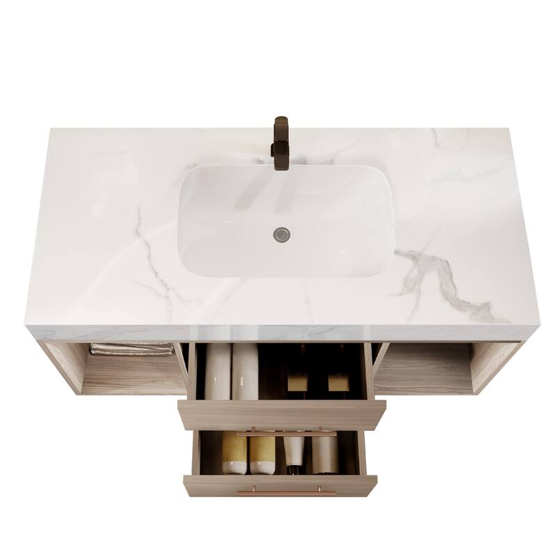 Modern Wall Mounted Bathroom Vanity Floating Storage Cabinet with Ceramic Sink, Faux Marble Countertop, Drawers and Open Shelves