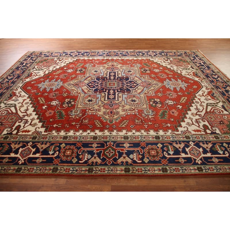 Orange Geometric Heriz Serapi Area Rug Handmade Oriental Wool Carpet - 9'0"x 11'8"