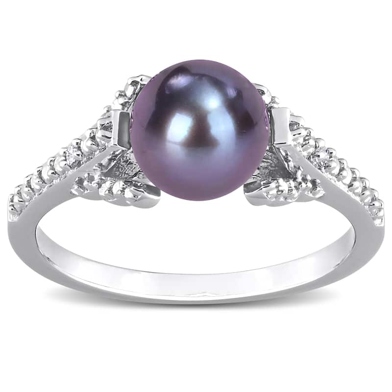 Miadora 7-7.5mm Black Cultured Freshwater Pearl and Diamond Accent Split Shank Ring in Sterling Silver
