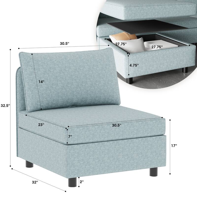 Modular Armless Fabric Sofa Seat Convertible Sectional Piece with Hidden Storage for Living Room