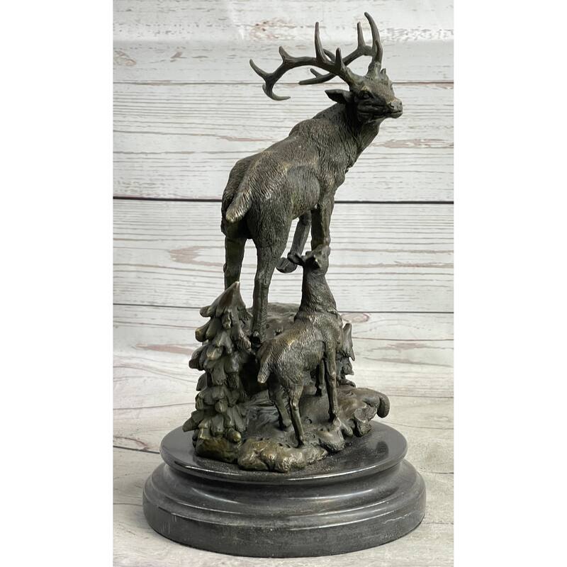 Signed Original Male Stag With His Baby Fawn Bronze Sculpture Marble Base Statue