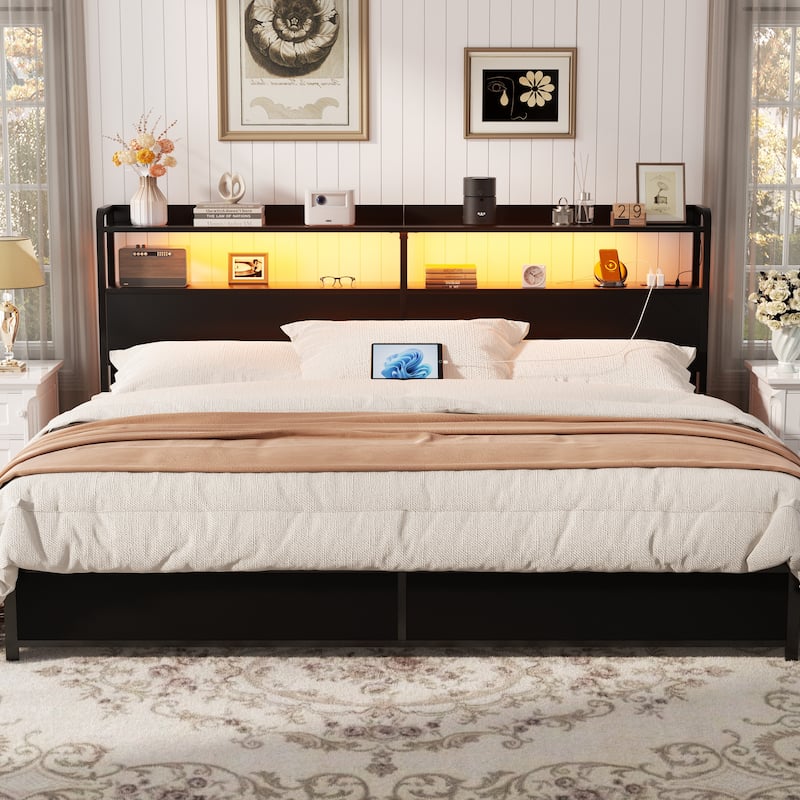 Headboard with Storage Drawers and LED Light, Head Board with Outlets, USB Ports