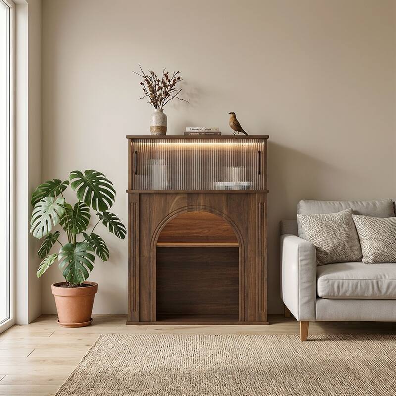 LED Lighted Display Cabinet with Fluted Glass Doors, Wooden Sideboard Buffet Cabinet for Living Room or Dining Room