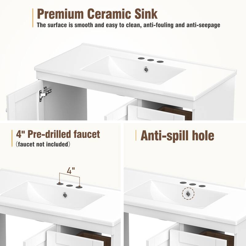 36" Shaker Bathroom Vanity with Ceramic Sink - 4 Soft-Close Drawers & 2 Doors, Free-Standing Cabinet