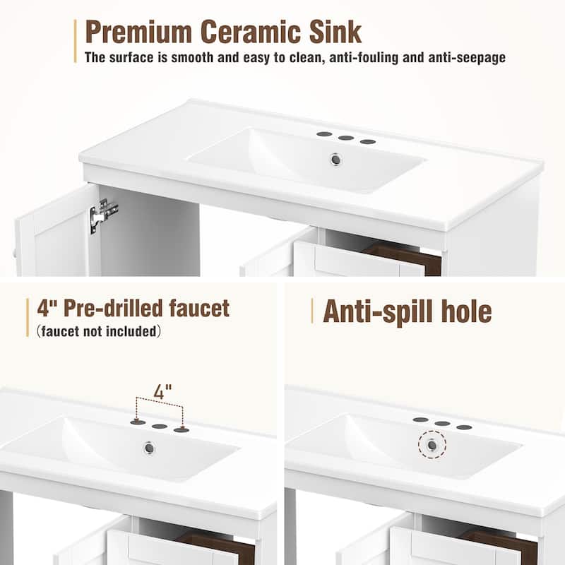 36" Shaker-Style Bathroom Vanity – Freestanding Cabinet with Ceramic Sink, 4 Soft-Close Drawers & 2 Doors‌