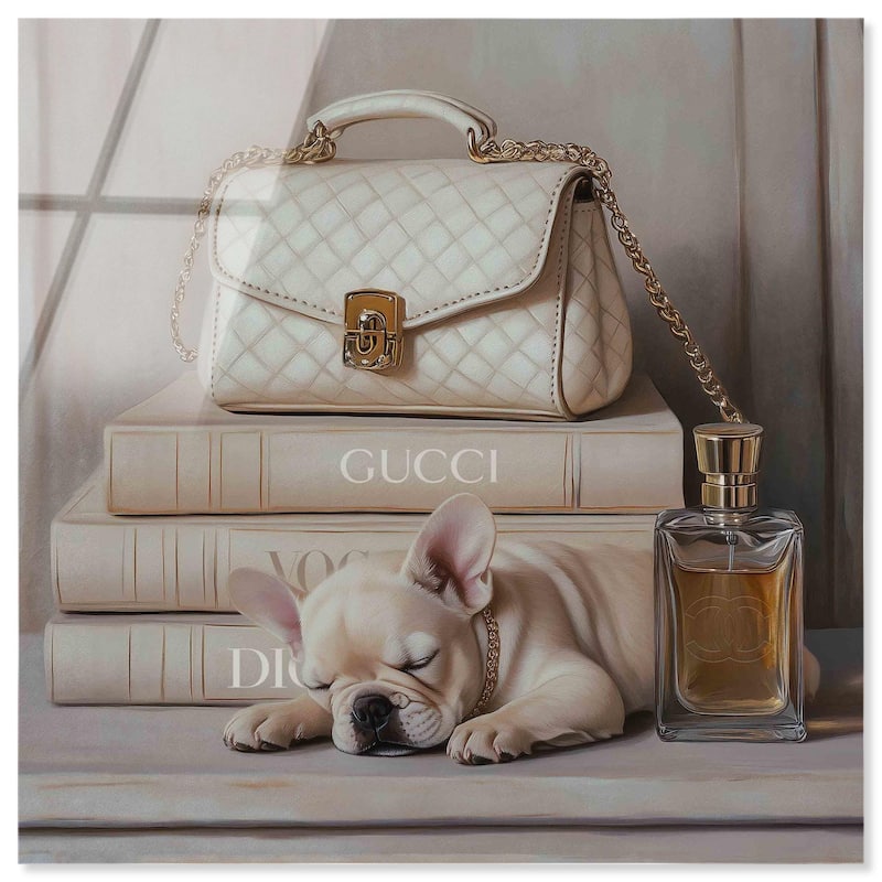 Ivory Books and Frenchie Acrylic by Art Remedy, Ready to Hang - 12" x 12"