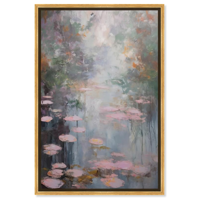 Art Remedy Pink Impressionisty Lilypads Framed Impressionism 1 Piece Canvas Wall Art /Monet And Van Gogh Inspired Art - 25 x 37 - Gold
