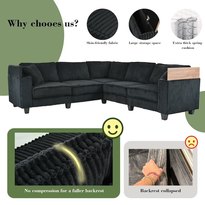 GDFStudio - Jackson Oversized L-Shaped Corduroy Corner Couch with Armrest Storage