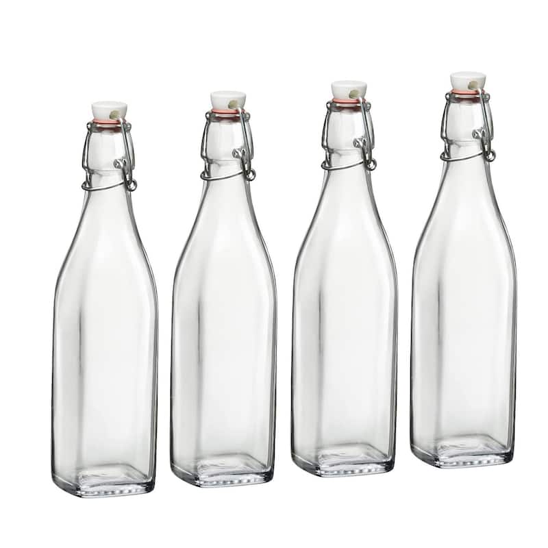 Bormioli Rocco Square Swing Top Glass Bottles With Airtight Hermetic Lid - 33.75 oz - 4 Piece