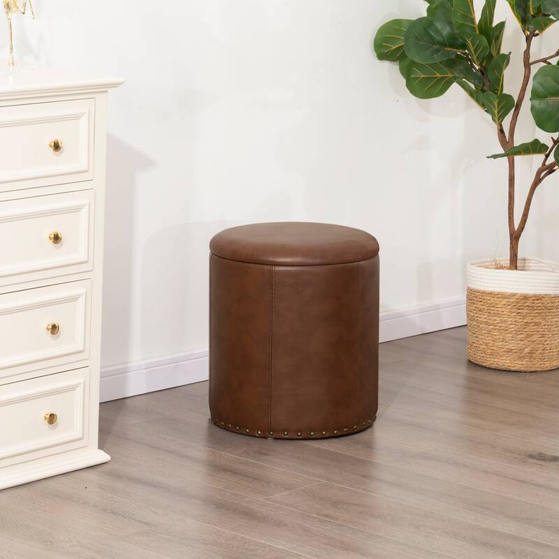 Adeco Round Faux Leather Storage Ottoman with Nailhead Trim