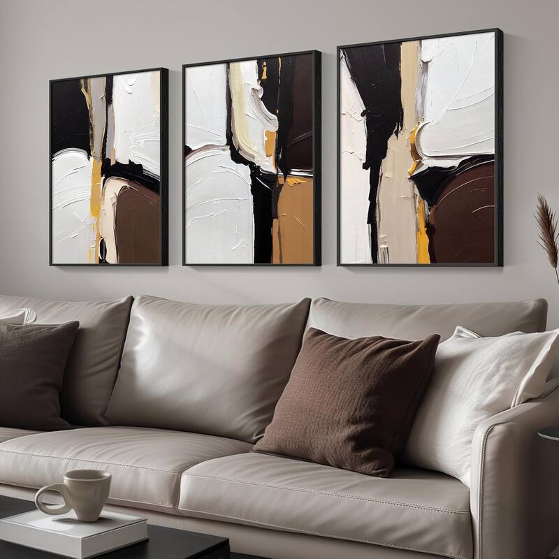 Framed Modern Abstract Black White Brown Wall Art - 16 x 24