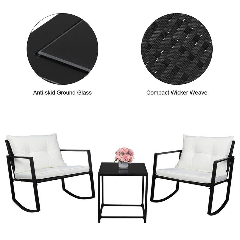 Outdoor 3-Piece Wicker Furniture Set Rocking Conversation Set with Cushions - Black