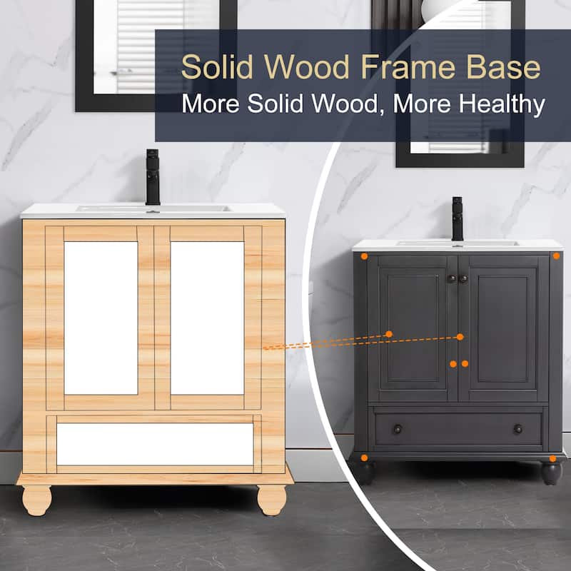 Retro Bathroom Vanity Cabinet Solid Wood Classic with Ceramic Sink