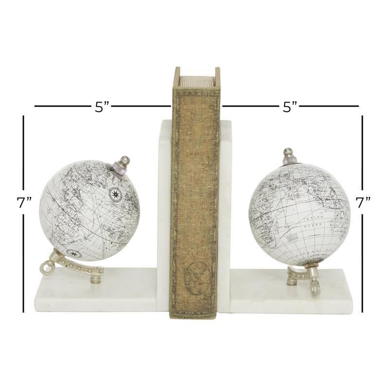 Marble Globe Decorative Bookends with Silver Metal Accents - Set of 2 White - Roche River Decor
