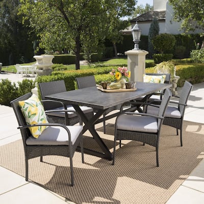 Ashworth Outdoor 7-piece Rectangular Wicker Aluminum Dining Set with Cushions by Christopher Knight Home - N/A