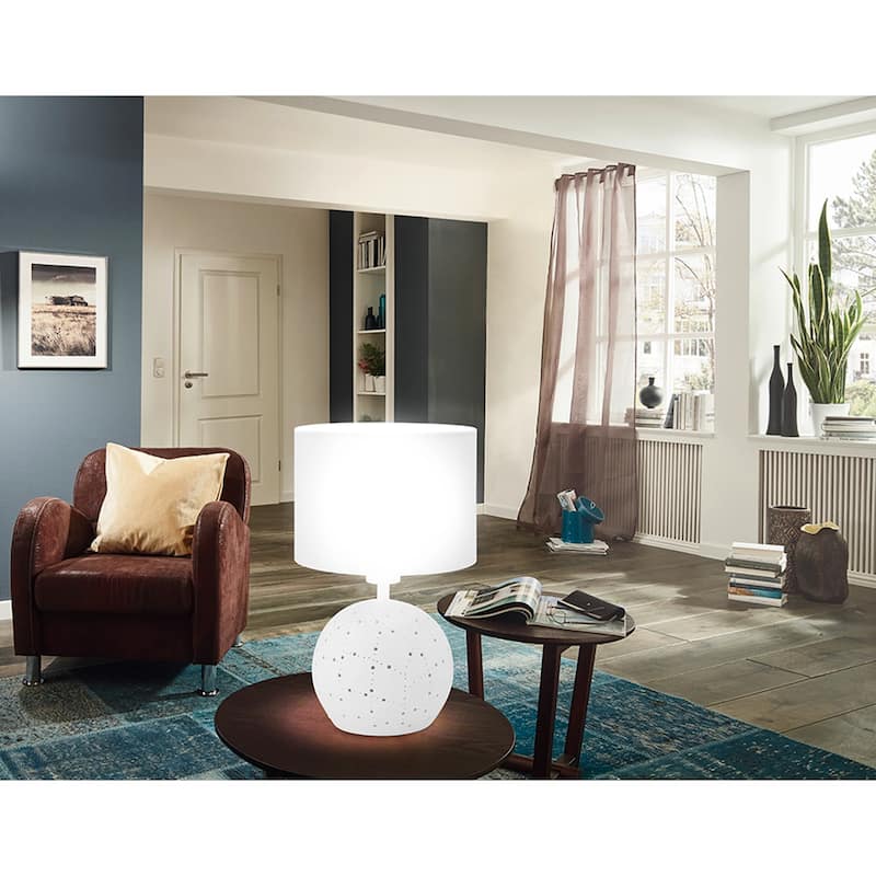 Eglo Montalbano 1-Light White Round Table Lamp with White Fabric