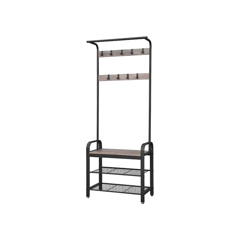 Grey-Black Hall Tree Entryway Storage Shelf with Wood Look Accent and Metal Frame - 13.3"D x 28.3"W x 72.1"H